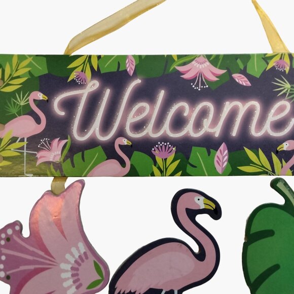 Welcome Sign Flamingo Flower Leaf Colorful Tropical Coastal Tiki Decor - Picture 3 of 6